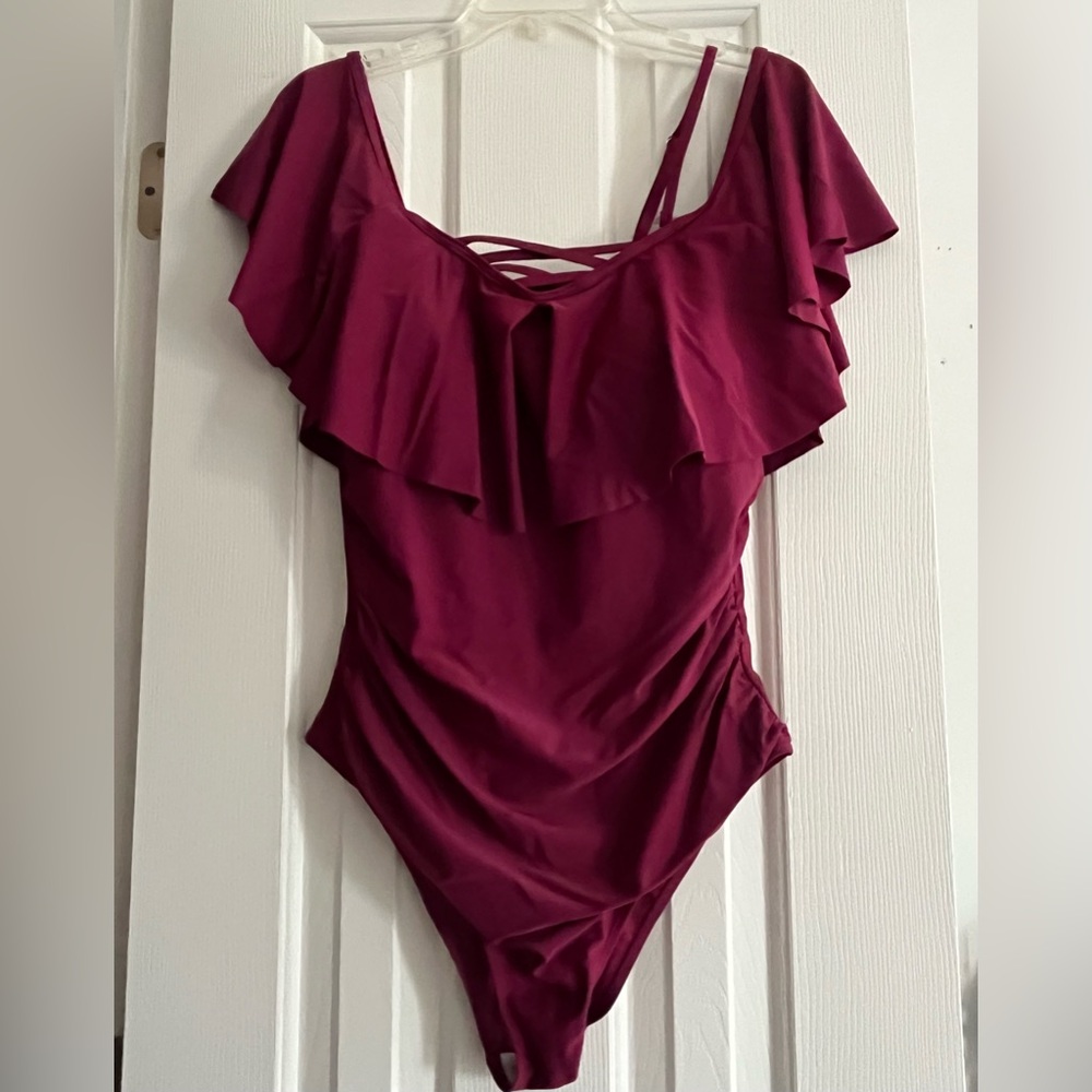 NWOT Burgundy One-Piece Swimsuit (on/off shoulder)